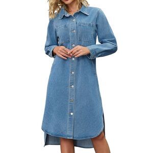 Women's Denim Shirt Dress Curved Hem Button Down Long Jean Jacket Light Blue